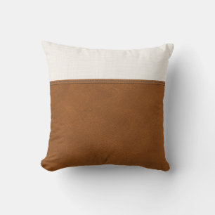 Tan Leather White Linen Look Minimal Farmhouse Cushion