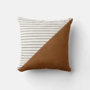 Tan Leather White Striped Linen Triangle Farmhouse Cushion