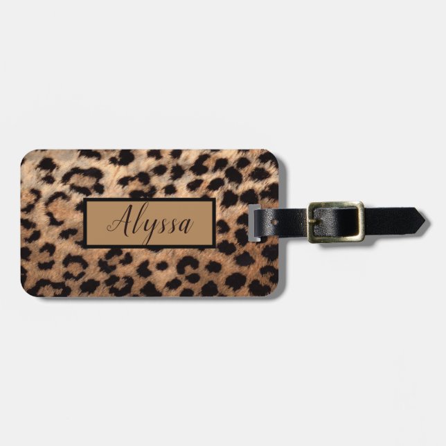 Tan Leopard Cheetah Animal Print Personalised Luggage Tag (Front Horizontal)