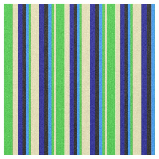 Tan, Lime Green, Blue, Black & Dark Blue Lines Fabric (Close Up)