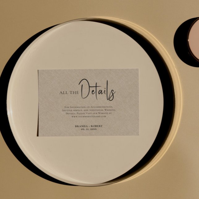 Tan Linen Simple Black Script Wedding Details Invitation (Creator Uploaded)