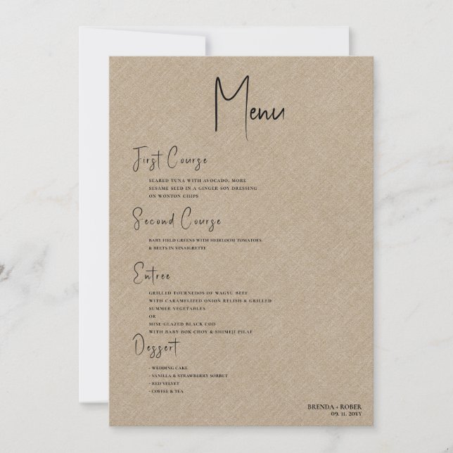 Tan linen Simple Black Script Wedding Menu Invitation (Front)