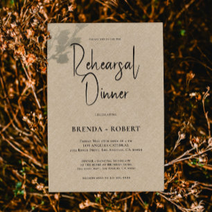 Tan linen Simple White Script Rehearsal Dinner Invitation