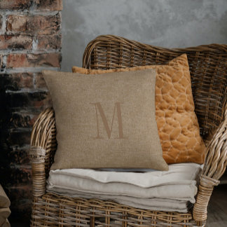 Tan Linen Texture Monogram Cushion