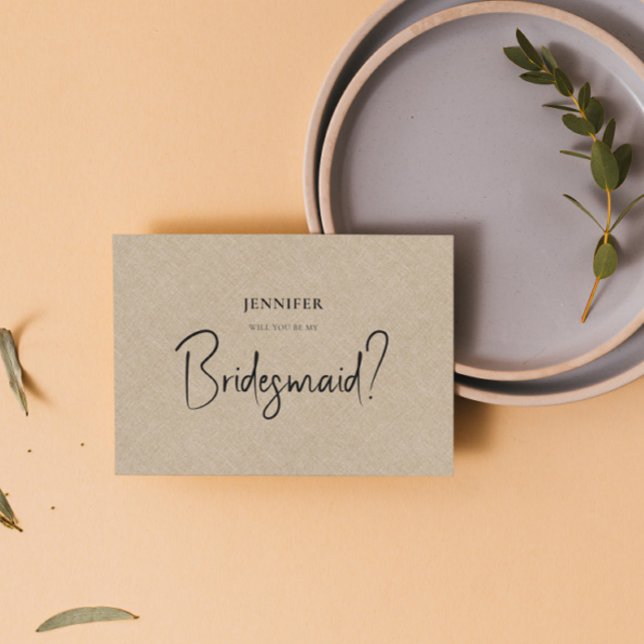 Tan Linen White Script Will You Be My Bridesmaid Invitation (Creator Uploaded)