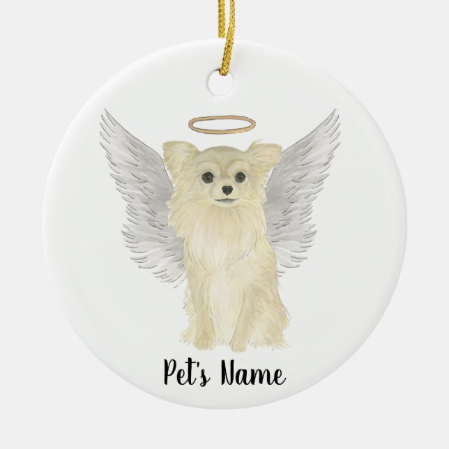 Tan Long Haired Chihuahua Sympathy Memorial Ceramic Ornament (Front)