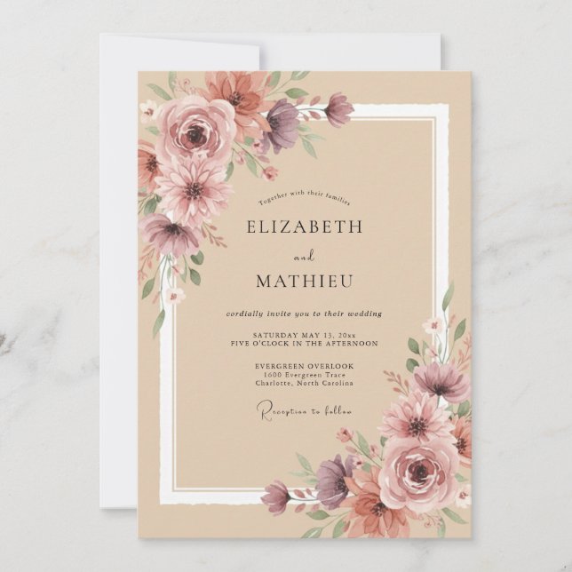Tan Lush Botanical Wedding Invitation (Front)