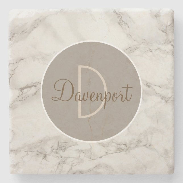 Tan Marble Modern Monogram Stone Coaster (Front)