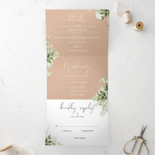 Tan Modern Botanical Greenery Photo Wedding Tri-Fold Invitation