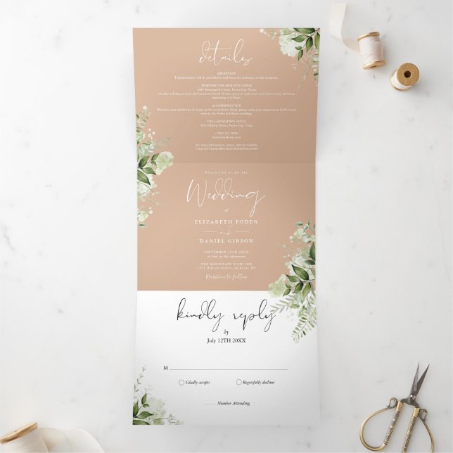 Tan Modern Botanical Greenery Photo Wedding Tri-Fold Invitation (Inside)