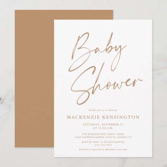 Tan Modern Minimalist Script Baby Shower Invite (Front/Back)