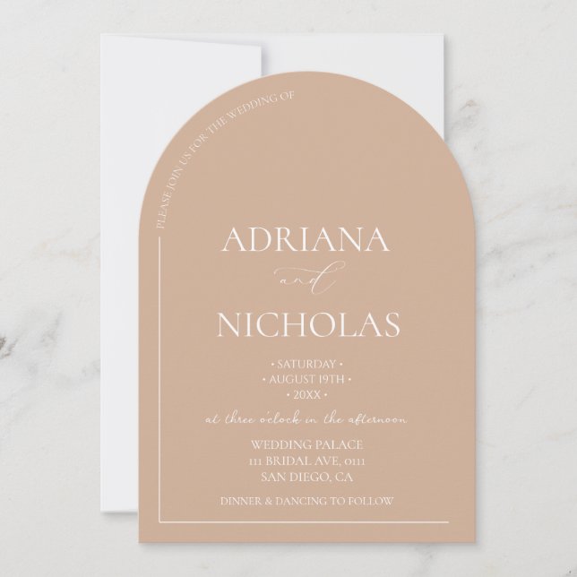 Tan Modern Simple Arch Shaped Wedding Invitation (Front)