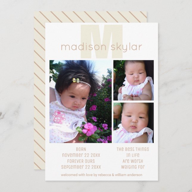 Tan Monogram Simple Adoption 3 Photo Collage Announcement (Front/Back)