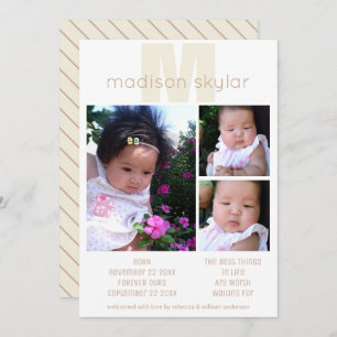 Tan Monogram Simple Adoption 3 Photo Collage Announcement