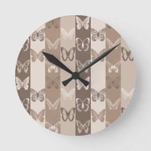 Tan Neutral Earth Butterfly Stripes Design Round Clock