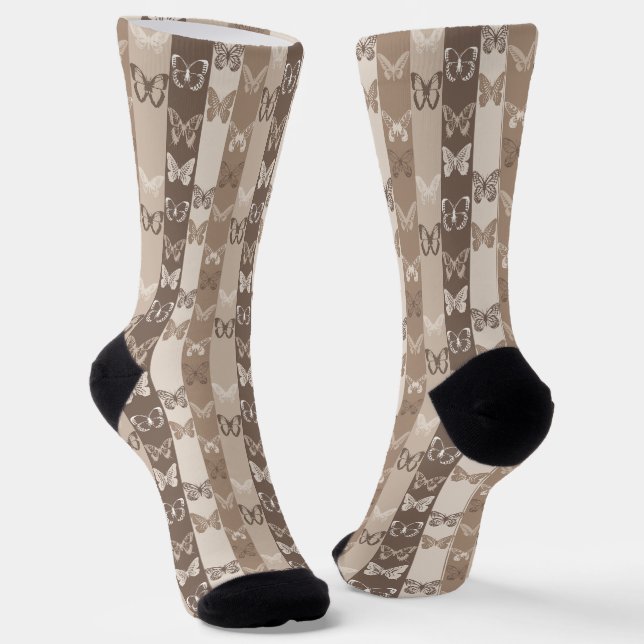 Tan Neutral Earth Butterfly Stripes Design  Socks (Angled)