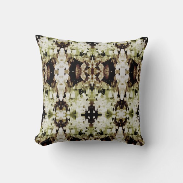 Tan Olive Black White Symmetrical Abstract Print Cushion (Front)