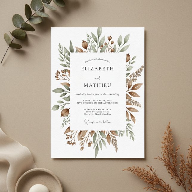 Tan Organic Botanical Wedding Invitation (Creator Uploaded)