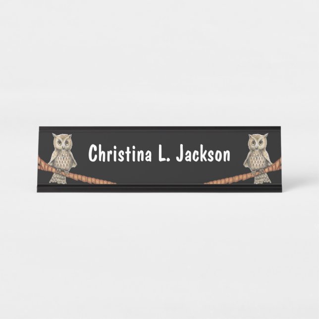 Tan Owls Pretty Faces on Branches Blue Necklaces Desk Name Plate (Front)