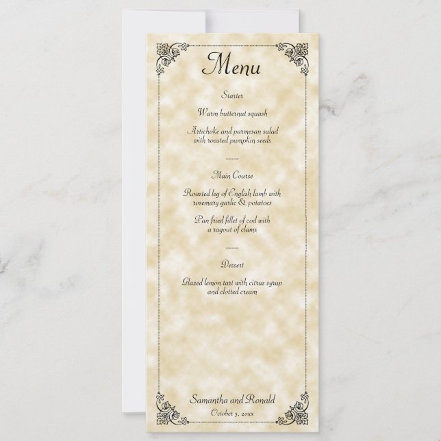 Tan Parchment Paper Style Wedding Menu Card (Front)