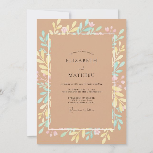Tan Pastel Wildflower Wedding Invitation (Front)