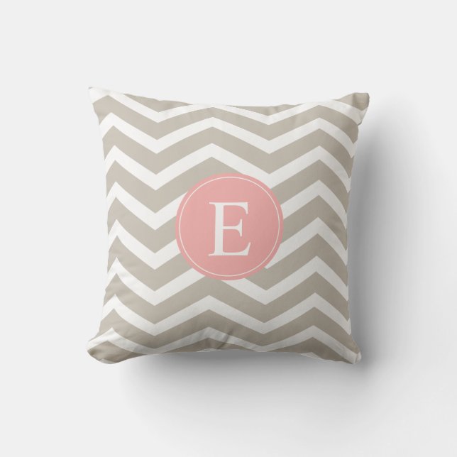 Tan Peach Pink Chevron Monogram Cushion (Front)