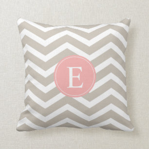 Tan Peach Pink Chevron Monogram Cushion