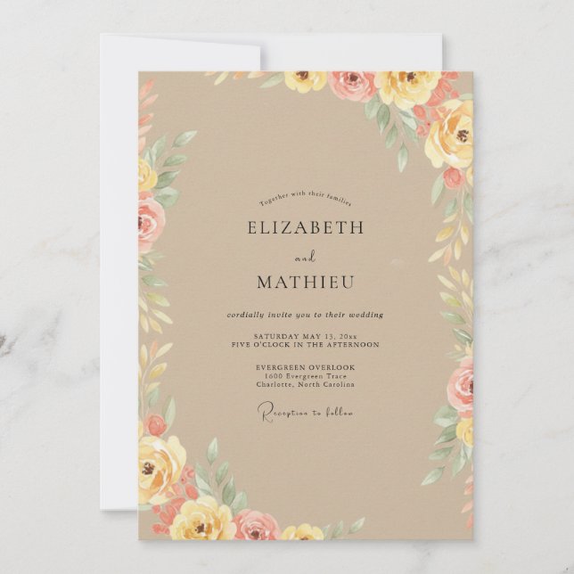 Tan Peony Blossom Wedding Invitation (Front)