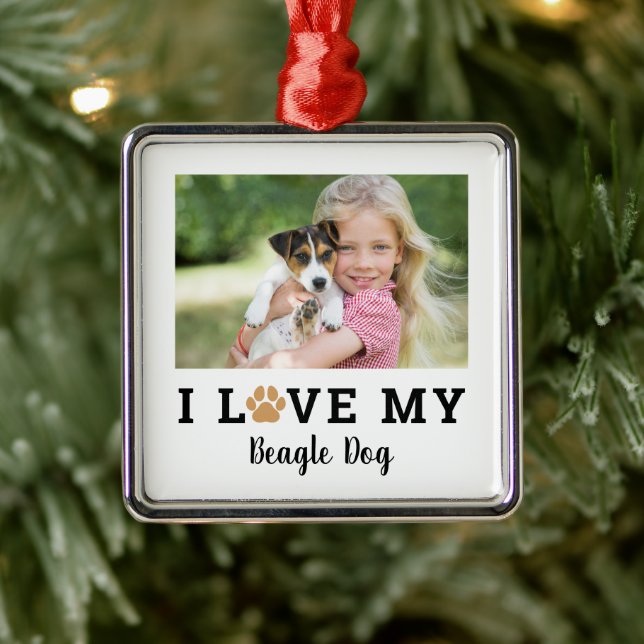 Tan Pet Paw Print Custom Dog Breed Photo Metal Ornament (Tree)
