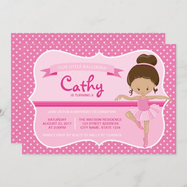 Tan Pink Ballerina Birthday Invitation (Front/Back)