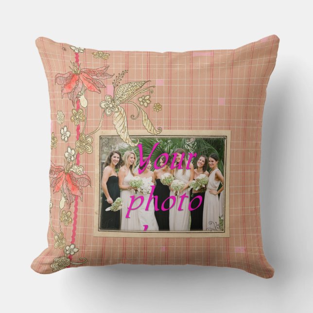 Tan & Pink Floral Throw Pillow (Front)