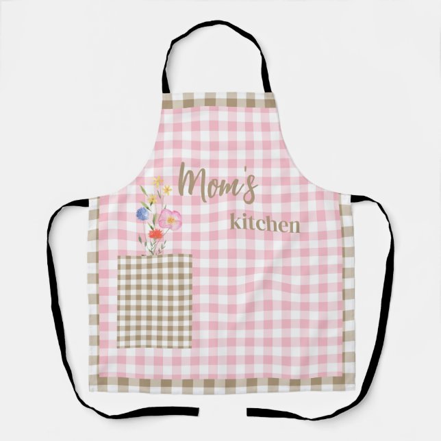 Tan & Pink Gingham Wildflower Mum's Kitchen Apron (Front)