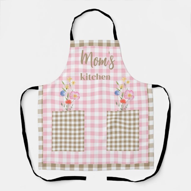 Tan & Pink Gingham Wildflower Mum's Kitchen II Apron (Front)