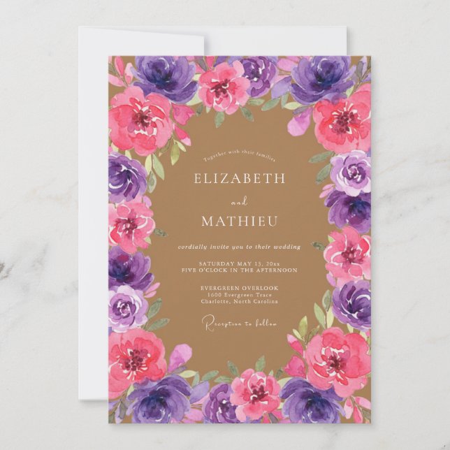 Tan Pink Purple Botanical Wedding Invitation (Front)