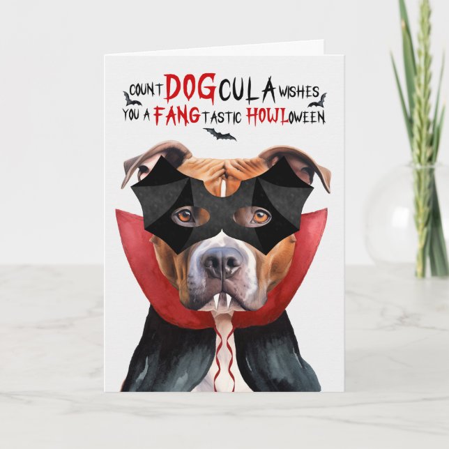 Tan Pitbull Dog Funny Count DOGcula Halloween Holiday Card (Front)
