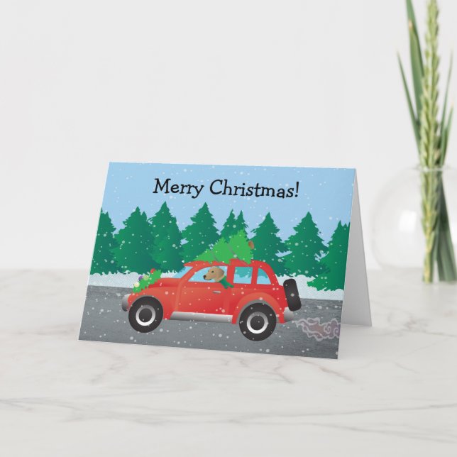 Tan Plott Hound Driving Christmas Car Holiday Card (Front)