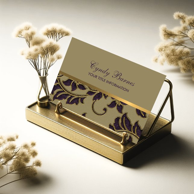 Tan Plum Gold Damask Business Card (Creator Uploaded)