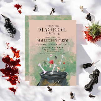 Tan Potions & Spells Witches Cauldron Halloween Invitation