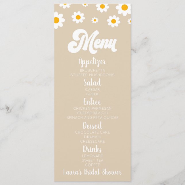 Tan Retro Daisy Flower Bridal Shower Food Menu (Front)