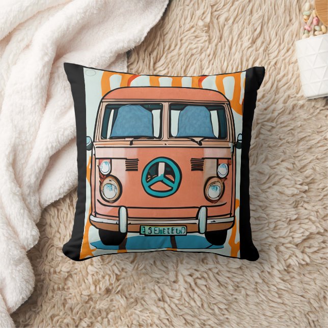 Tan Retro Hippie Van Vintage Colours Art Cushion (Blanket)