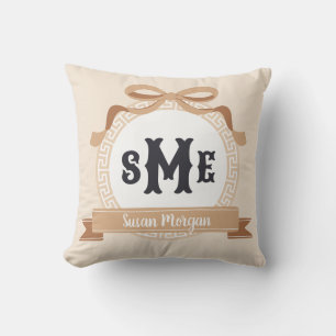 Tan Reverse Greek Key Bow Monogram Cushion