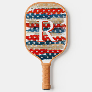 Tan Rustic American Flag Monogram Pickleball Paddle