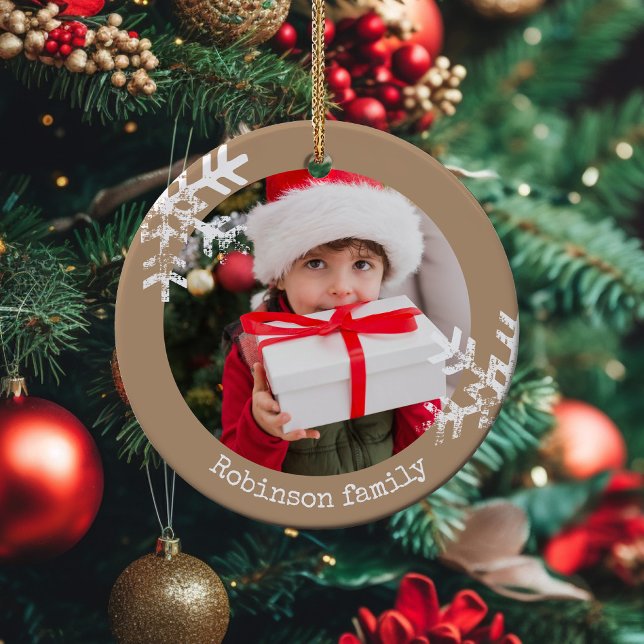 Tan Rustic Circle Photo Snowflakes Ceramic Ornament (Rustic snowflake family holiday keepsake photo ornament perfect for gifts to bring joy to others.)