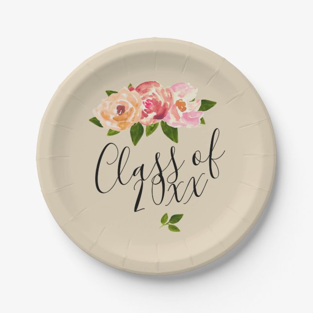 Tan rustic floral grad party paper plate (Front)