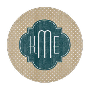 Tan Sand Polka Dots Teal Quatrefoil Monogram Cutting Board