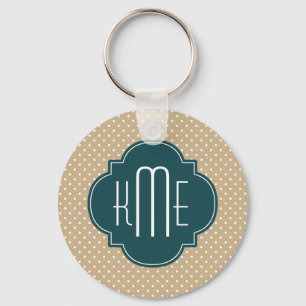 Tan Sand Polka Dots Teal Quatrefoil Monogram Key Ring
