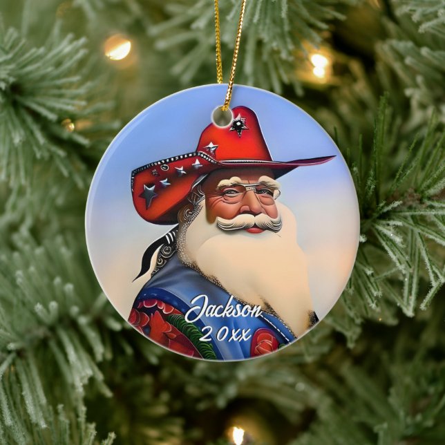 Tan Santa Claus in a Cowboy Hat Christmas Ceramic Ornament (Tree)