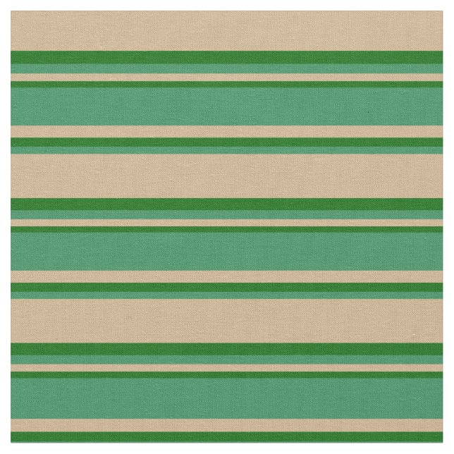 Tan, Sea Green & Dark Green Stripes Pattern Fabric (Close Up)