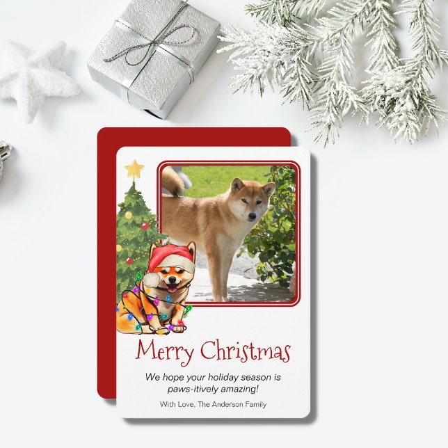 Tan Shiba Inu and Christmas Tree Pet Dog One Photo Holiday Card (Creator Uploaded)