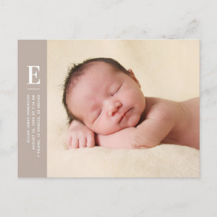 Tan Simple Minimalist 1-Photo Birth Announcement Postcard